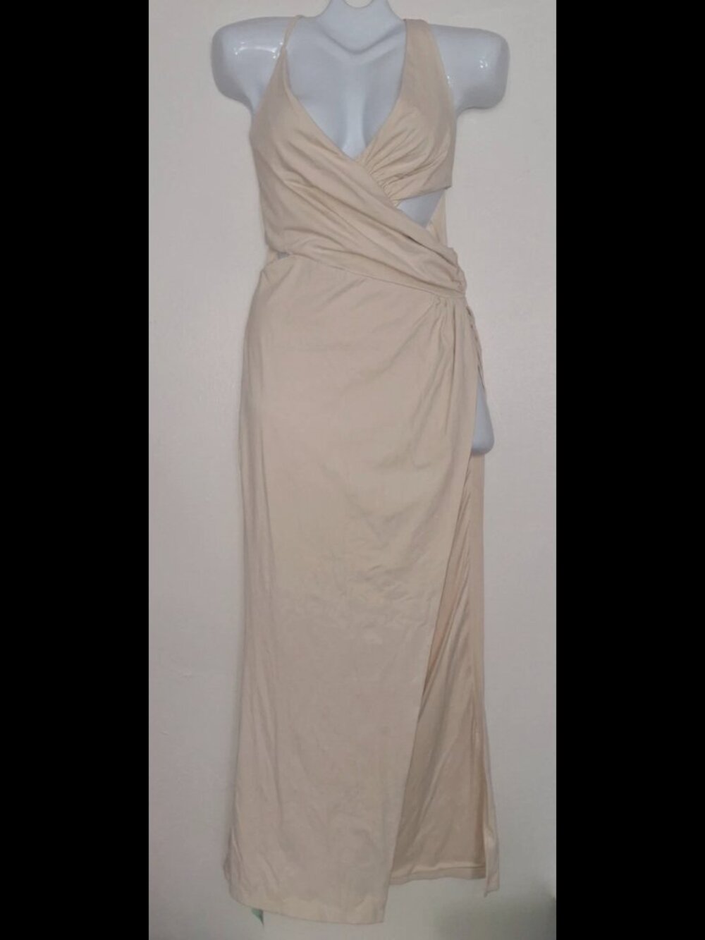 KZN Nude Wrap Maxi Dress Size M Side Slit Ruched Stretch Elegant Ankle Length NW